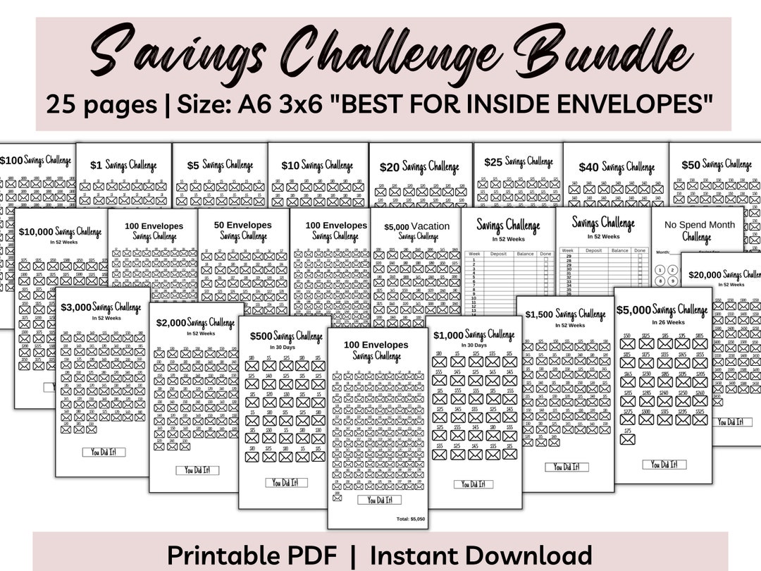 A6 3x6 Money Saving Challenge Bundle, Printable or Digital Pdf. Set of ...
