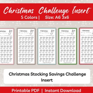 Puede incluir: Inserto digital de desafío de ahorro de medias navideñas en cinco colores. Cada inserto presenta un gráfico de medias y espacios para rastrear los ahorros. El texto dice "Christmas Challenge Insert" y "Christmas Stocking Savings Challenge Insert."
