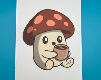 Impresión artística de café germinando: Ilustración acogedora de un hongo de 13x18 cm - Cryptid Pixels