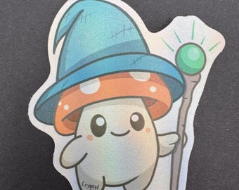 Pegatina holográfica de hongo mago germinando – Vinilo de 7,6 cm – Pegatina de fantasía brillante – Simpático hongo germinando – Vinilo holográfico mate
