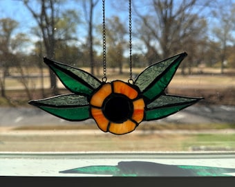 Atrapasueños tradicional de vidrieras con diseño floral en tonos naranjas – 19 cm – Estilo tatuaje para colgar en la ventana