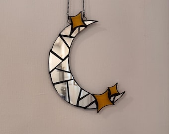 Atrapasueños con espejo en forma de luna creciente – Adorno colgante de vidriera celestial para ventana (8,5 pulgadas)