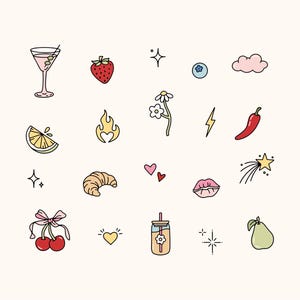 May include: A selection of colourful, hand-drawn illustrations on a cream background. The images include a martini, strawberry, blueberry, cloud, lemon slice, flame, flower, lightning bolt, chilli pepper, croissant, hearts, lips, cherries, a heart, a drink, a star, and a pear.
