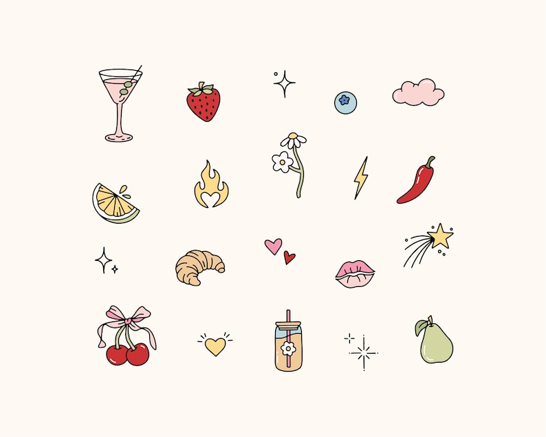 May include: A selection of colourful, hand-drawn illustrations on a cream background. The images include a martini, strawberry, blueberry, cloud, lemon slice, flame, flower, lightning bolt, chilli pepper, croissant, hearts, lips, cherries, a heart, a drink, a star, and a pear.