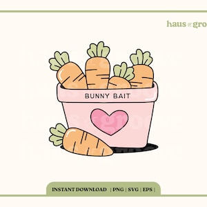 May include: A pink ceramic pot with a heart design and the text "Bunny Bait" filled with orange carrots.