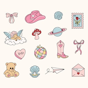 May include: A set of charming illustrations including a pink cowboy hat, a cherub, a teddy bear, a disco ball, a cowboy boot, a seashell, a stamp with a flower, a heart with "XOXO", a planet, a mushroom, a paper airplane, a bow, and an envelope.