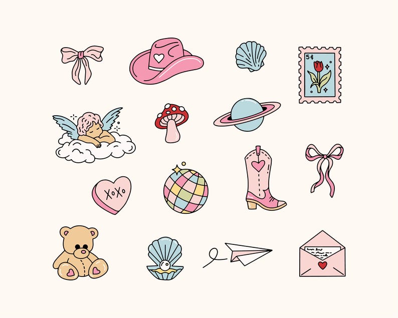 May include: A set of charming illustrations including a pink cowboy hat, a cherub, a teddy bear, a disco ball, a cowboy boot, a seashell, a stamp with a flower, a heart with "XOXO", a planet, a mushroom, a paper airplane, a bow, and an envelope.