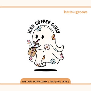 Café glacé Girly SVG, SVG fantôme de fleur mignonne, sublimation numérique, sticker mignon, PNG fantôme tendance, fichiers de conception de café tendance mignon