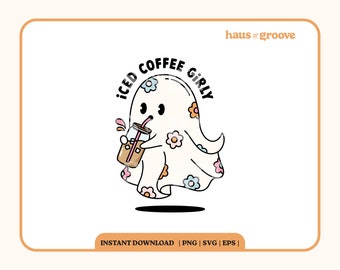 Iced Coffee Girly SVG, Cute Flower Ghost SVG, Digital Sublimation, Cute Sticker Design, Trendy Ghost PNG, Cute Trendy Coffee Design Files