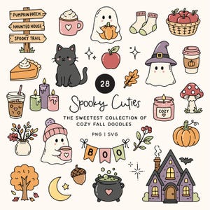 May include: A digital collection of 28 Spooky Cuties fall-themed doodles including a black cat, ghosts, pumpkins, a haunted house, candles, a cauldron, autumn leaves, a mushroom, and a BOO banner, all rendered in a simple, colorful, hand-drawn style.