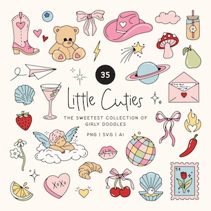 May include: A set of 35 colourful girly doodles featuring a pink cowboy hat, a teddy bear, a martini glass, and a strawberry. The text "Little Cuties" is displayed in the centre. Includes PNG, SVG, and AI formats.