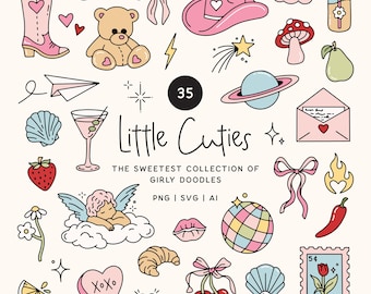 Girly Clipart Bundle, Trendy PNG, Aesthetic PNG, SVG, Coquette Cowgirl, Clipart Digital Download, Hand Drawn Elements, Cute Sticker Designs