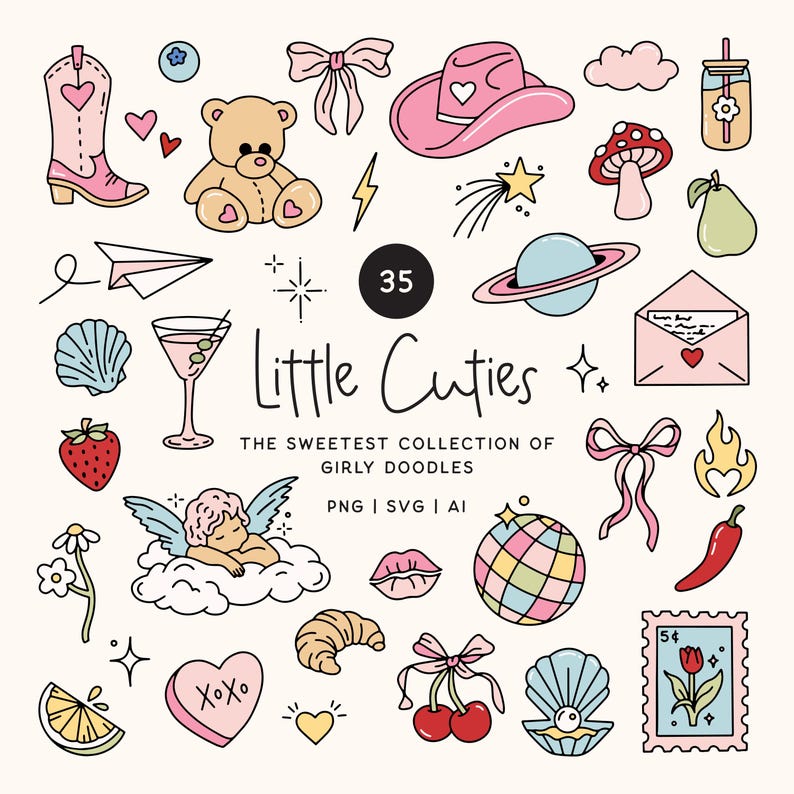 May include: A set of 35 colourful girly doodles featuring a pink cowboy hat, a teddy bear, a martini glass, and a strawberry. The text "Little Cuties" is displayed in the centre. Includes PNG, SVG, and AI formats.