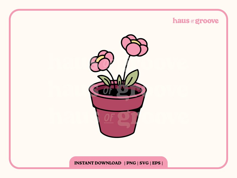 May include: A pink potted plant with two pink flowers and green leaves. The pot is a dark red color with a black outline.