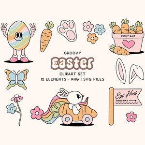 Groovy Easter SVG Bundle, Pastel Easter Bunny, Trendy Easter Egg, Retro Easter Clipart, Spring Aesthetic PNG, Trendy Easter Spring SVG