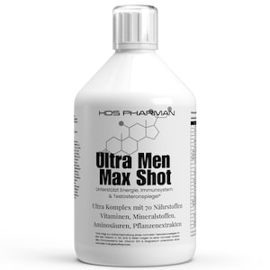 Könnte beinhalten: Eine weiße Plastikflasche mit weißem Deckel. Auf der Flasche steht in schwarzer Schrift "HDS PHARMAN Ultra Men Max Shot". Die Flasche enthält auch Text auf Deutsch, darunter "Unterstützt Energie, Immunsystem & Testosteronspiegel".