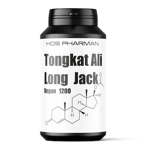 Könnte beinhalten: Eine schwarze Flasche HDS Pharman Tongkat Ali Long Jack Vegan 1200 Nahrungsergänzungsmittel. Das weiße Etikett zeigt den Produktnamen in fetten, schwarzen Buchstaben und ein chemisches Strukturdiagramm.