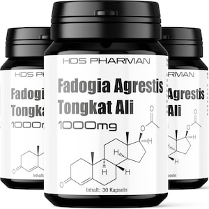 Könnte beinhalten: Drei schwarze Nahrungsergänzungsmittelflaschen mit weißen Etiketten. Die Etiketten zeigen den Text "Fadogia Agrestis Tongkat Ali 1000mg" zusammen mit einem chemischen Strukturdiagramm. Die Flaschen haben schwarze Kappen und sind in einer Reihe angeordnet.