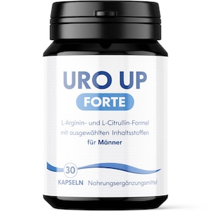 Puede incluir: Una botella negra de suplemento con una etiqueta blanca que presenta el texto "URO UP FORTE". La etiqueta también incluye el texto "L-Arginin- und L-Citrullin-Formel" y "für Männer". La botella contiene 30 cápsulas.