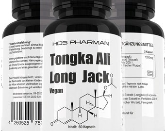 Cápsulas de extracto de Tongkat Ali de alta potencia - Suplemento puro y vegano de 1200 mg (extracto 200:1)