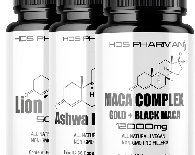 Vitality Trio | Lion's Mane Maca Ashwagandha | Vegan Capsules | Adaptogen Complex | No Additives | Handmade Germany | HDS Pharman