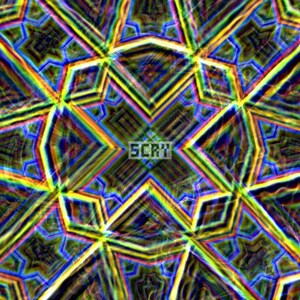 May include: Abstract digital art with a kaleidoscope effect. The image features a symmetrical pattern of geometric shapes in a variety of colours, including yellow, blue, and green. The word "SCRV" is in the centre.