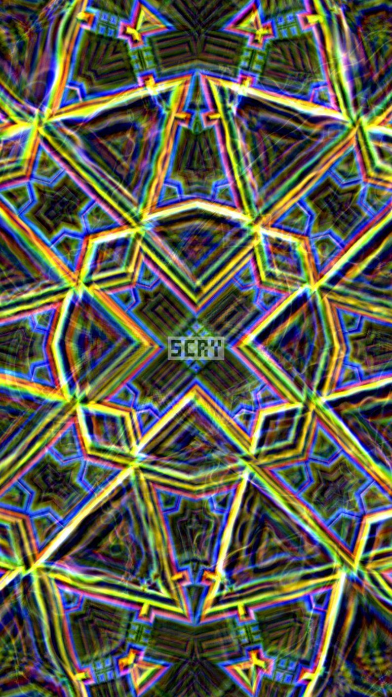 May include: Abstract digital art with a kaleidoscope effect. The image features a symmetrical pattern of geometric shapes in a variety of colours, including yellow, blue, and green. The word "SCRV" is in the centre.