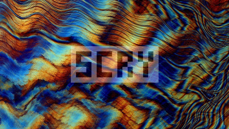 Puede incluir: Arte digital abstracto con un patr&oacute;n ondulado en tonos de azul, naranja y marr&oacute;n. La palabra "SCRY" est&aacute; superpuesta en una fuente pixelada. El dise&ntilde;o tiene una apariencia texturizada, casi como tela.