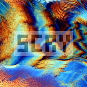 Puede incluir: Arte digital abstracto con un patr&oacute;n ondulado texturizado en tonos de azul, naranja y amarillo. La palabra "SCRV" est&aacute; superpuesta en una fuente pixelada. El efecto general es un dise&ntilde;o vibrante y colorido.