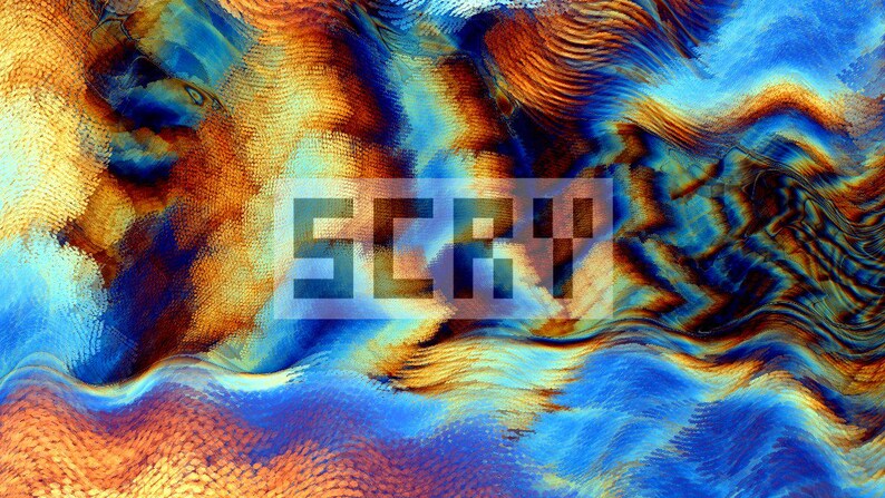 Puede incluir: Arte digital abstracto con un patr&oacute;n ondulado texturizado en tonos de azul, naranja y amarillo. La palabra "SCRV" est&aacute; superpuesta en una fuente pixelada. El efecto general es un dise&ntilde;o vibrante y colorido.