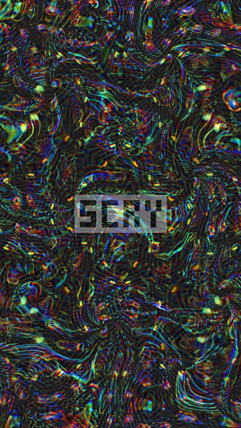 K&ouml;nnte beinhalten: Abstrakte digitale Kunst mit einem wirbelnden, psychedelischen Muster. Das Design zeigt einen dunklen Hintergrund mit lebendigen Streifen in Blau, Gr&uuml;n, Gelb und Rot, wodurch ein dynamischer und farbenfroher visueller Effekt entsteht. Das Wort "SERY" steht im Zentrum.