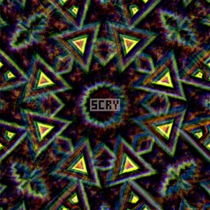 May include: Abstract digital art with a kaleidoscope effect. The design features repeating geometric shapes, including triangles and star-like patterns, in a vibrant color palette of yellow, green, blue, and purple. The word "SCRY" is in the center.