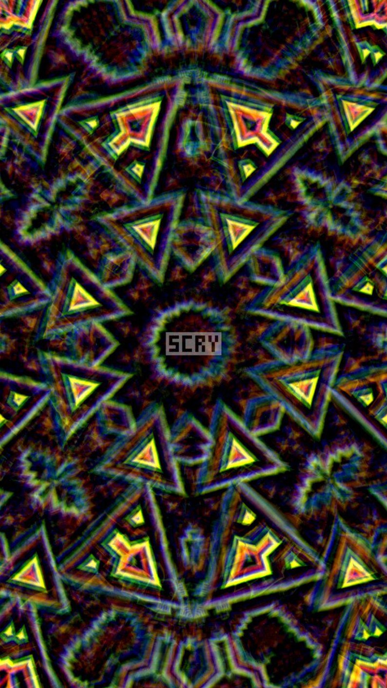 May include: Abstract digital art with a kaleidoscope effect. The design features repeating geometric shapes, including triangles and star-like patterns, in a vibrant color palette of yellow, green, blue, and purple. The word "SCRY" is in the center.