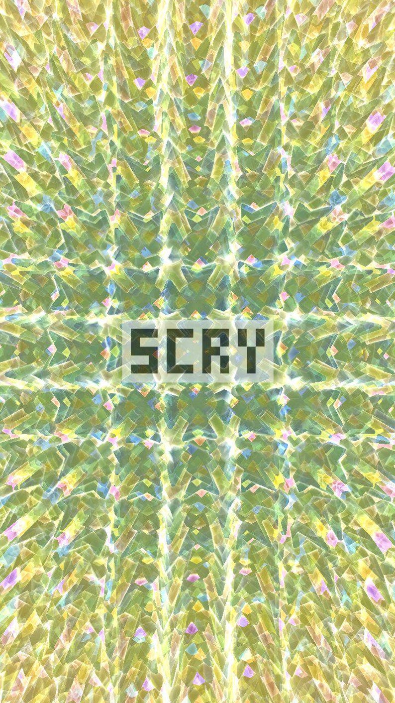 May include: Abstract digital art featuring a repeating geometric pattern in shades of green, yellow, and hints of pink and blue. The word "SCRY" is displayed in a pixelated font across the centre of the image.