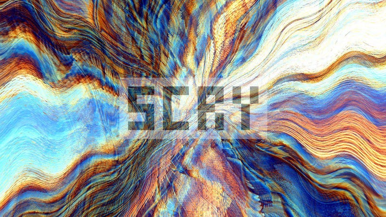 Puede incluir: Arte digital abstracto con un patr&oacute;n ondulado y arremolinado en tonos de azul, naranja y marr&oacute;n. La palabra "SCARY" est&aacute; superpuesta en una fuente pixelada. El efecto general es un dise&ntilde;o vibrante y texturizado.