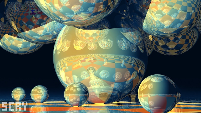 Puede incluir: Arte digital abstracto con m&uacute;ltiples esferas en tonos azules, amarillos y naranjas. Algunas esferas tienen patrones de cuadros, otras tienen superficies reflectantes. La obra de arte tiene una cualidad surrealista y on&iacute;rica.
