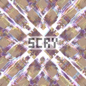 May include: An abstract digital artwork featuring a repeating geometric pattern in shades of brown, purple, yellow, and blue. The word "SCRY" is displayed centrally in a grey, blocky font. The design has a crystalline appearance.