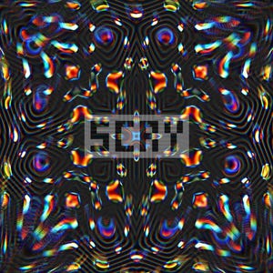 K&ouml;nnte beinhalten: Abstrakte digitale Kunst mit einem dunklen Hintergrund und einem sich wiederholenden Muster aus farbenfrohen, schillernden Formen. Das Wort "SCRY" wird in einem wei&szlig;en Rechteck in der Mitte des Bildes angezeigt.