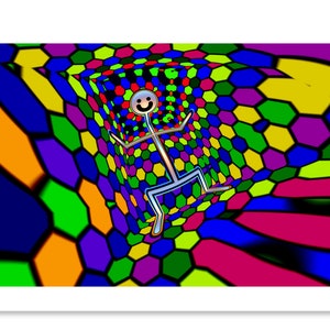Puede incluir: Una impresi&oacute;n de arte digital que presenta una figura de palo con una cara sonriente dentro de un t&uacute;nel geom&eacute;trico colorido. El fondo es una vibrante mezcla de formas hexagonales azules, verdes, amarillas y rosas. La obra de arte tiene un estilo moderno y abstracto.