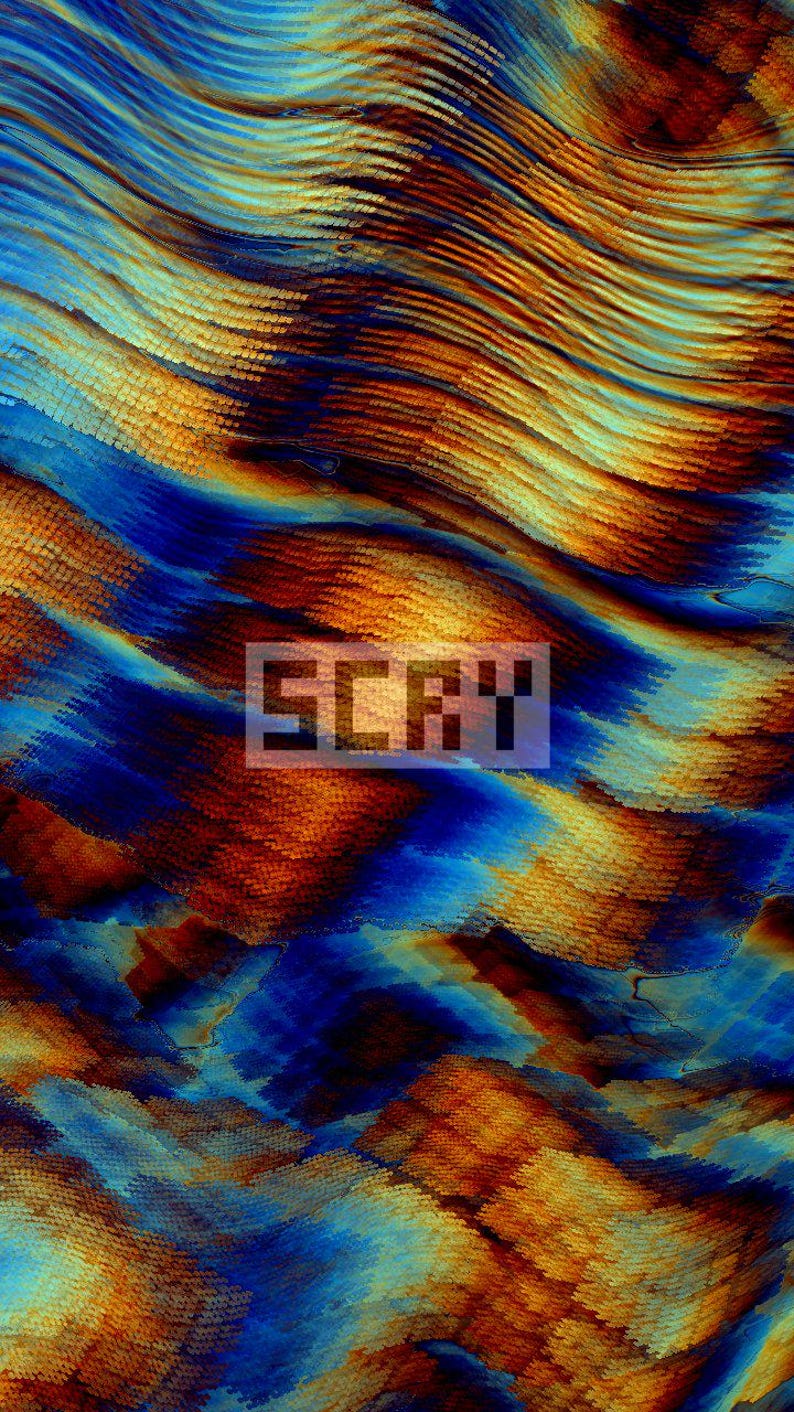 Puede incluir: Arte digital abstracto con un patr&oacute;n texturizado en forma de onda en tonos azules, naranjas y marrones. La palabra "SLAY" se muestra en blanco, con una fuente pixelada. La obra de arte tiene una est&eacute;tica moderna y art&iacute;stica.