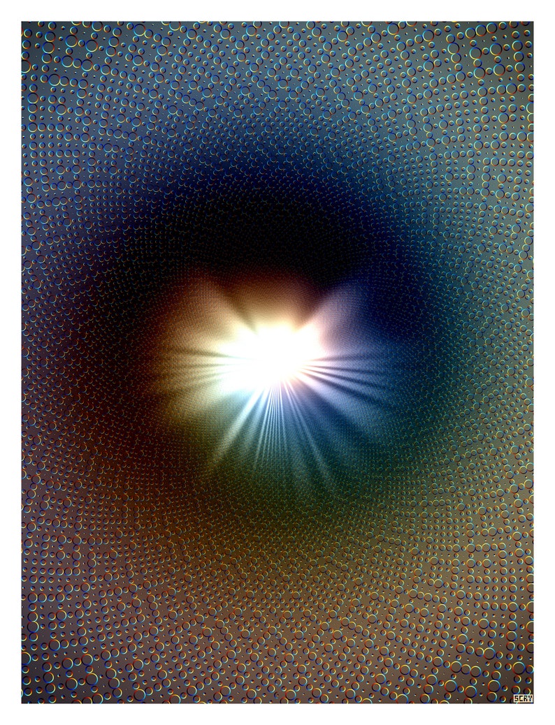 K&ouml;nnte beinhalten: Abstrakte digitale Kunst mit einer zentralen, hellen Lichtquelle, die nach au&szlig;en strahlt. Der Hintergrund ist ein strukturiertes Muster aus kleinen, farbigen Kreisen, die von Braun zu Blau &uuml;bergehen. Das Kunstwerk hat einen Sinn f&uuml;r Tiefe und Bewegung.