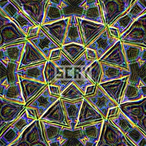 May include: Abstract digital art with a kaleidoscopic pattern. The design features geometric shapes and lines in a variety of colors, including green, yellow, blue, and purple. The word "SCRV" is visible in the center.