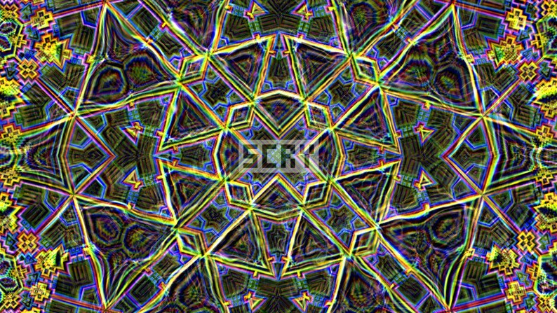 May include: Abstract digital art with a kaleidoscopic pattern. The design features geometric shapes and lines in a variety of colors, including green, yellow, blue, and purple. The word "SCRV" is visible in the center.