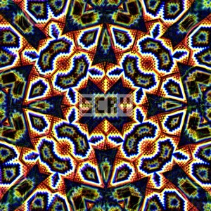 May include: Abstract digital artwork with a kaleidoscope effect. The design features a symmetrical pattern with repeating shapes in shades of blue, orange, yellow, and green. The image has a textured appearance and a vibrant, psychedelic aesthetic.