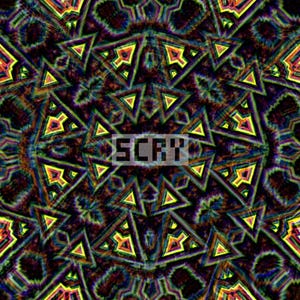May include: Abstract digital art with a kaleidoscope effect. The design features repeating geometric shapes, including triangles and hexagons, in a vibrant color palette of yellow, orange, green, and purple. The word "SCRV" is centered.