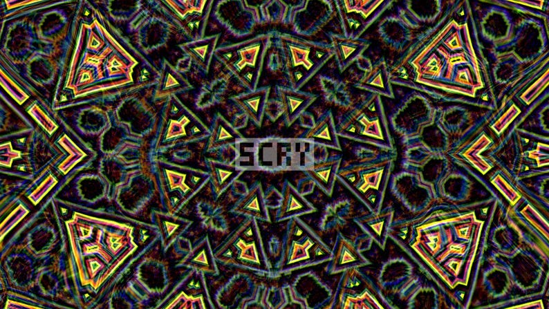 May include: Abstract digital art with a kaleidoscope effect. The design features repeating geometric shapes, including triangles and hexagons, in a vibrant color palette of yellow, orange, green, and purple. The word "SCRV" is centered.