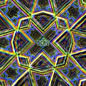 May include: Abstract digital art with a kaleidoscope effect. The image features a symmetrical pattern of geometric shapes in a variety of colors, including yellow, blue, and green. The word "SCRV" is in the center.