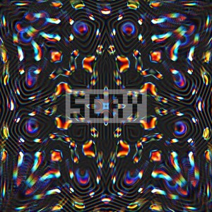 May include: Abstract digital artwork featuring a dark background with a repeating pattern of iridescent shapes in various colours. The word "SCRY" is displayed in a white rectangle in the centre of the image.