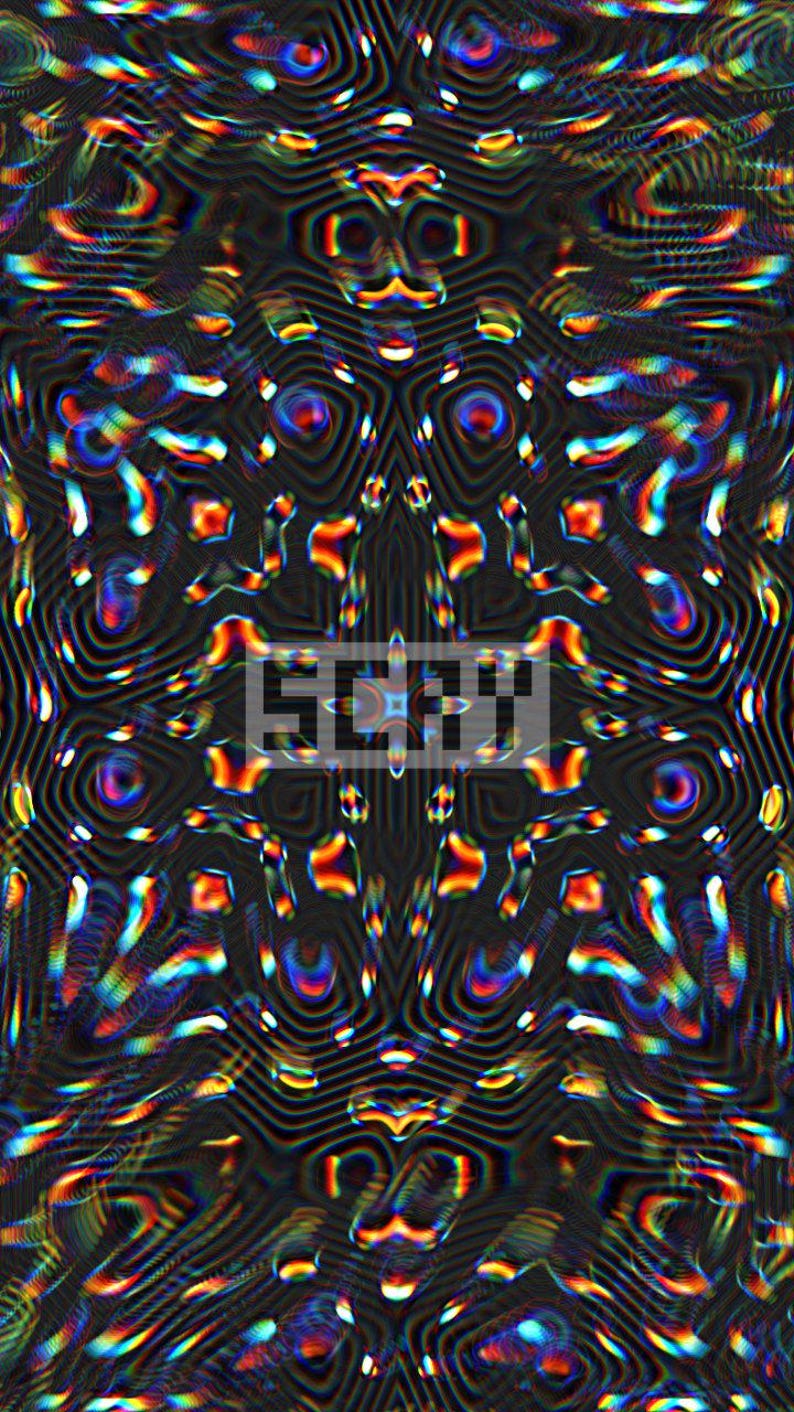 May include: Abstract digital artwork featuring a dark background with a repeating pattern of iridescent shapes in various colours. The word "SCRY" is displayed in a white rectangle in the centre of the image.