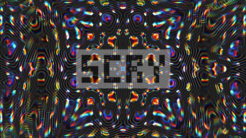 May include: Abstract digital art featuring a dark background with a repeating pattern of wavy lines and colourful, iridescent shapes. The word "SCRFY" is displayed in a white, pixelated font within a white rectangle.